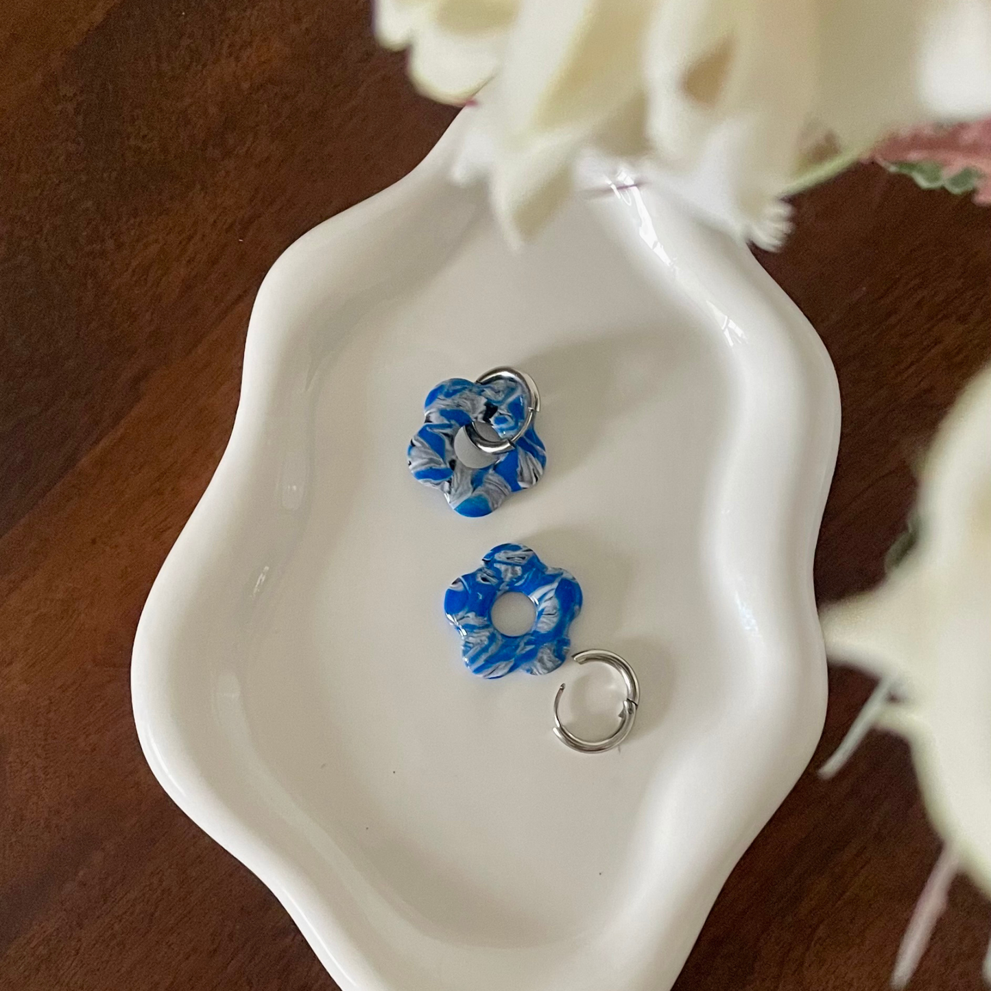 Cobalt Rush Flower Huggie Hoop