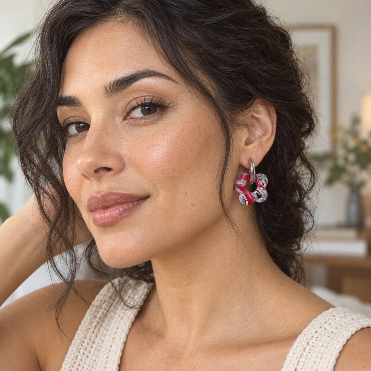 Scarlet Noir Flower Huggie Hoop
